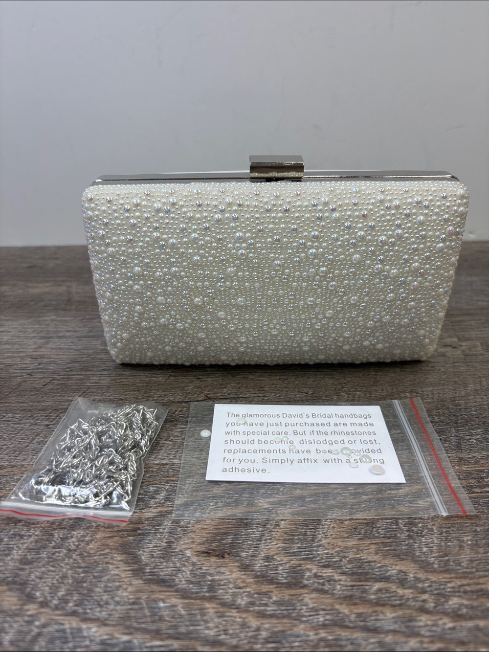 David’s Bridal Pearl & Crystal Embellished Evening Clutch Bag Chain Strap –Ivory